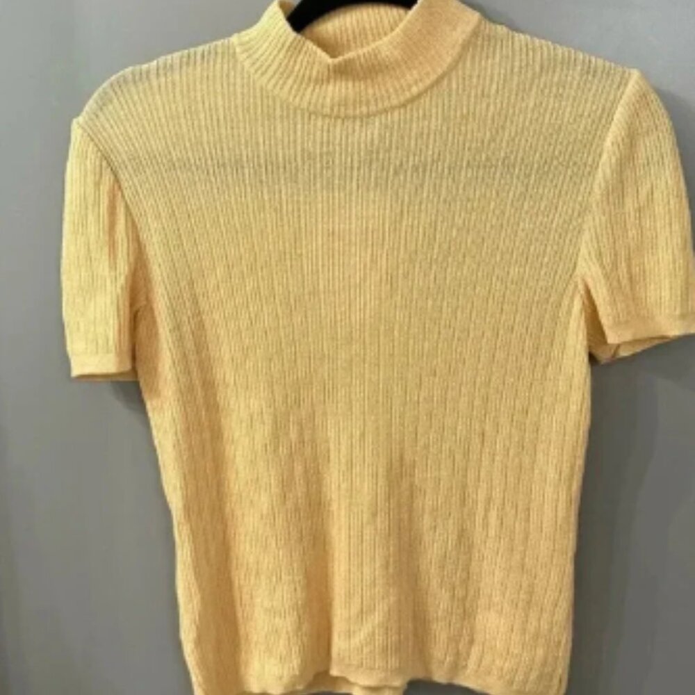 St. John Collection Shirt Yellow Ribbed Shirt Mock Neck Short Sleeve Size Medium